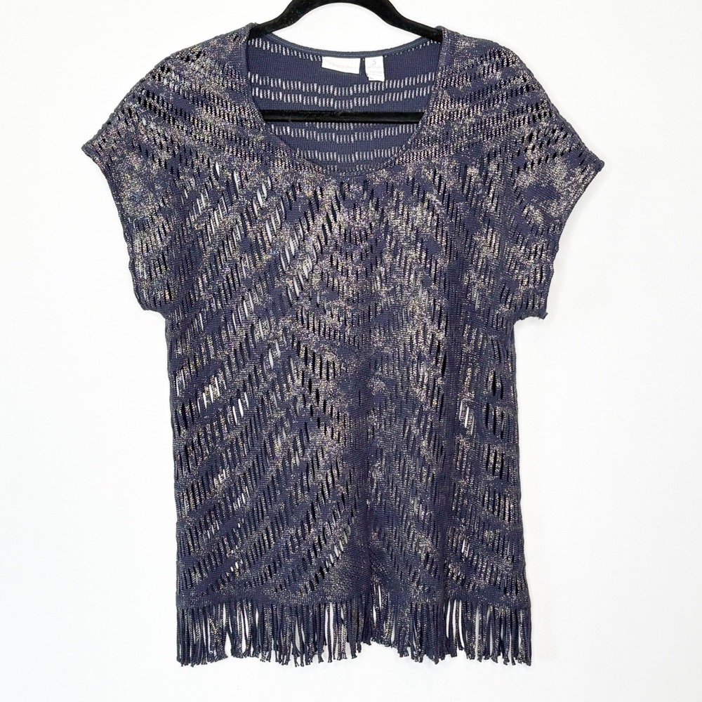 Chicos Navy Blue Gold Metallic Open Knit Fringe Hem‎ Top Size 3/XL Boho Western